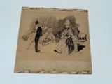 an old picture of a man and a woman standing in the snow