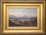 tableau représentant un paysage avec du bétail et un homme sur une charrette