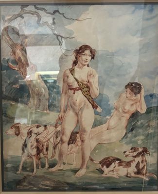 tableau représentant une femme et deux chiens dans un champ parsemé d'arbres