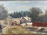 un tableau représentant un homme tenant une photo d'un village