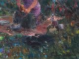 a painting of a woman sitting in the grass