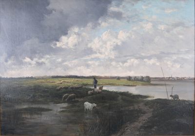 painting of a painting of a man and a dog by a river