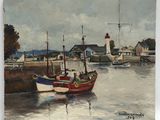a painting of a boat in the water with a lighthouse in the background