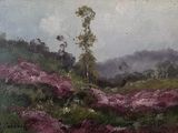 an oil painting of a field of flowers with a lone tree in the distance