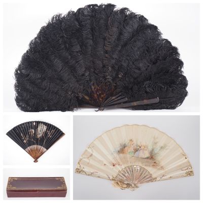 a collage of photos of a fan, a box, and other items