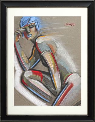 tableau représentant une femme assise sur une planche de surf, aux cheveux bleus