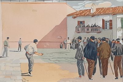 a painting of a group of men playing a game of baseball