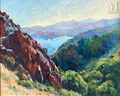une peinture à l'huile représentant un paysage de montagne avec un lac au loin