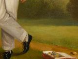 a painting of a man walking on a path with a box of cigarettes