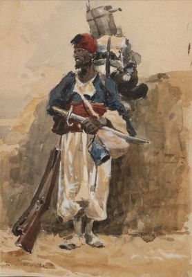 an image of a painting of a man with a rifle and a drum