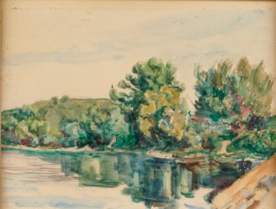 une aquarelle représentant une rivière avec des arbres en arrière-plan