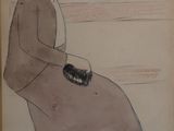 dessin représentant une femme assise sur un banc, coiffée d'un chapeau et vêtue d'un manteau