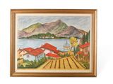 an oil painting of a landscape with a lake and mountains in the background