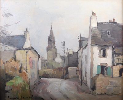 peinture d'une scène de rue avec un clocher d'église en arrière-plan