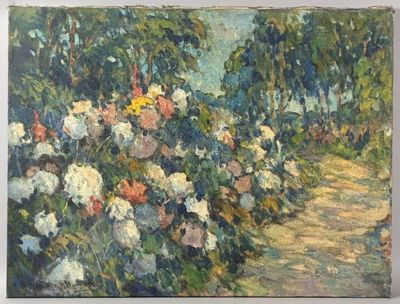an oil painting of a path through a garden filled with flowers