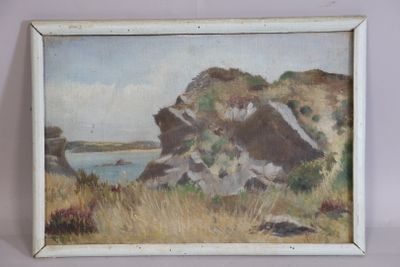 an oil painting of a rocky cliff with a body of water in the background