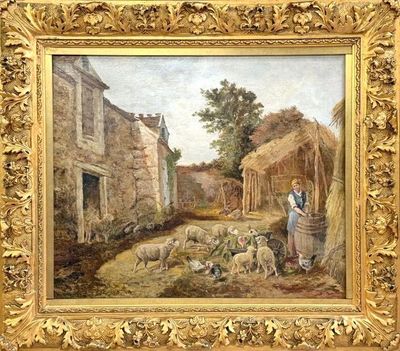 an image of a painting of a woman tending to a flock of sheep