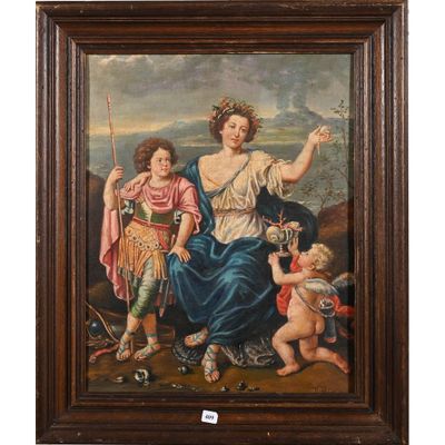 un tableau représentant une femme et deux enfants dans un paysage