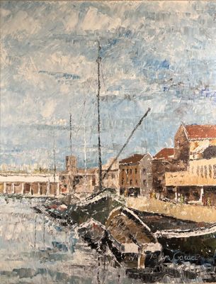 painting of a painting of a harbor scene with boats in the water