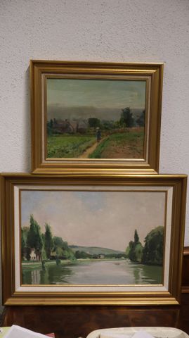 Lot de deux huiles, une sur toile « paysage de rivière » 39 x 55 ...