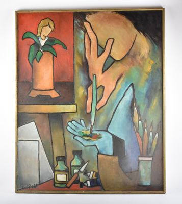 un tableau représentant un homme tenant une plante devant un tableau
