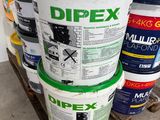a stack of buckets of different paint sitting on a pallet
