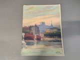 a painting of a bridge over a river with a castle in the background
