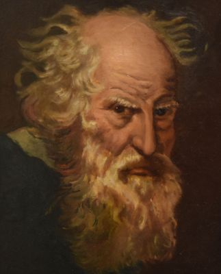 portrait d'un vieil homme barbu portant une chemise bleue
