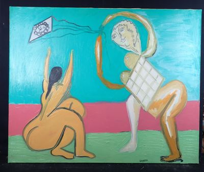 a painting of a man and a woman playing with a kite