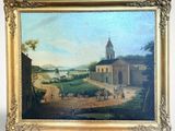 an oil painting of a village scene with a church in the background