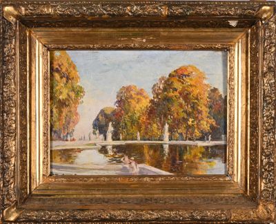 an image of a painting of a park scene with people sitting on a bench