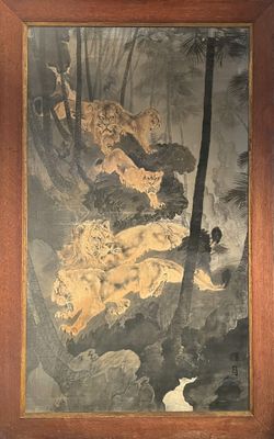 Ecole japonaise circa 1900 Lions et Lionnes