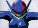 an image of a blue and red robot standing in front of a white background
