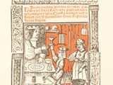 an old book with a drawing of a man and a woman in a kitchen
