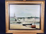 a picture of a painting of a boat on the beach