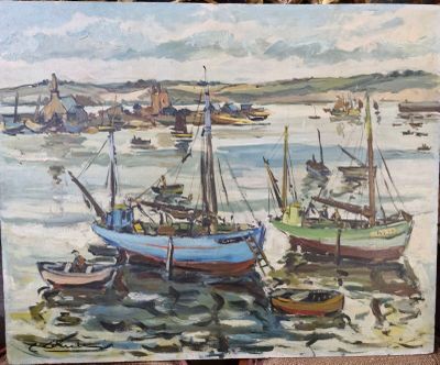 une peinture de bateaux dans l'eau sur la plage