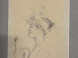 dessin représentant une femme avec un oiseau sur la tête et une fleur à la main