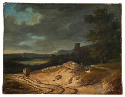 une image représentant un tableau de paysage avec un homme sur une charrette tirée par un cheval
