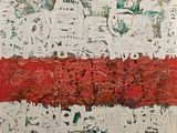 Peinture abstraite représentant une bande rouge et blanche sur un mur blanc