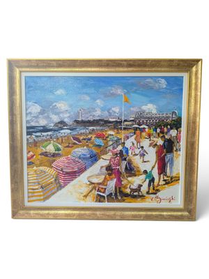a painting of people on the beach with umbrellas