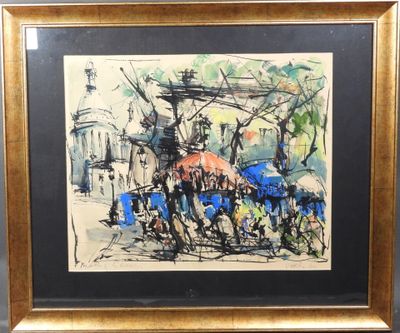 peinture d'un groupe de personnes marchant dans une rue avec des parapluies