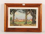 an oil painting of a landscape with trees and houses in the background