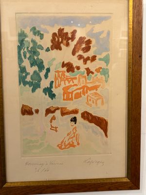 tableau représentant une femme assise sous un arbre devant un bâtiment