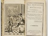 un vieux livre sur lequel figure l'image d'une femme assise sur un banc