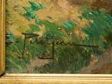 an image of a painting of a woman in a field with a dog