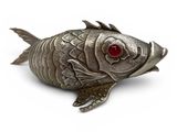 silver fish with red eyes on a white background