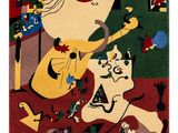 une image représentant un tableau où l'on voit un homme et une femme jouant avec un chien