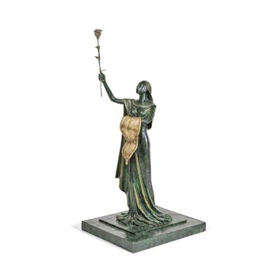 bronze statue of a woman holding a rose on a marble base