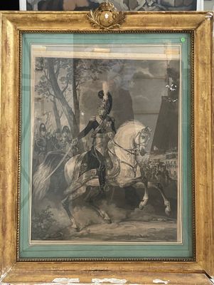 painting of a man riding a horse in front of a painting of a man on a horse
