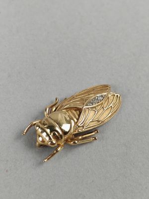 a close up of a gold insect on a gray surface